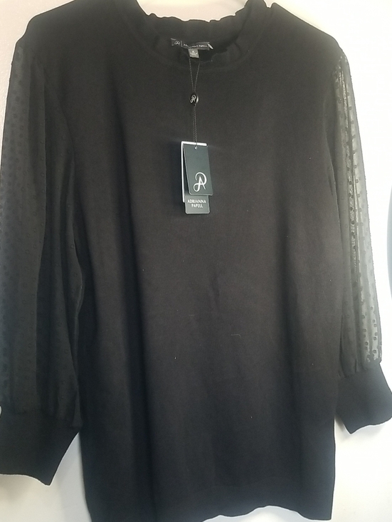 Adrianna Papell Sweaters - Adrianna Papell Black Crewneck Sweater with Sheer Dot Sleeves